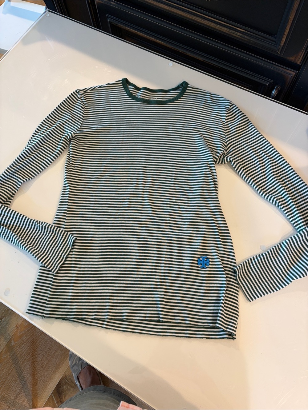 Tory Sport Green & White Striped Long Sleeve Tee